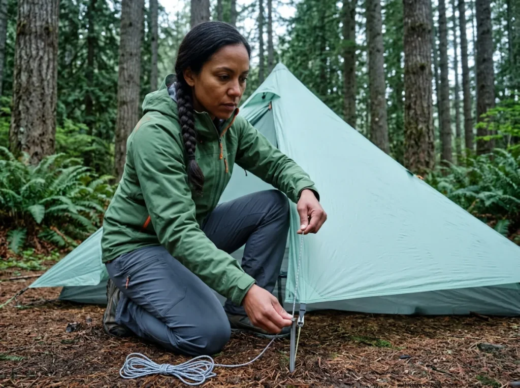 Hiker tensioning reflective guyline on Gossamer Gear The One tent in Pacific Northwest forest 