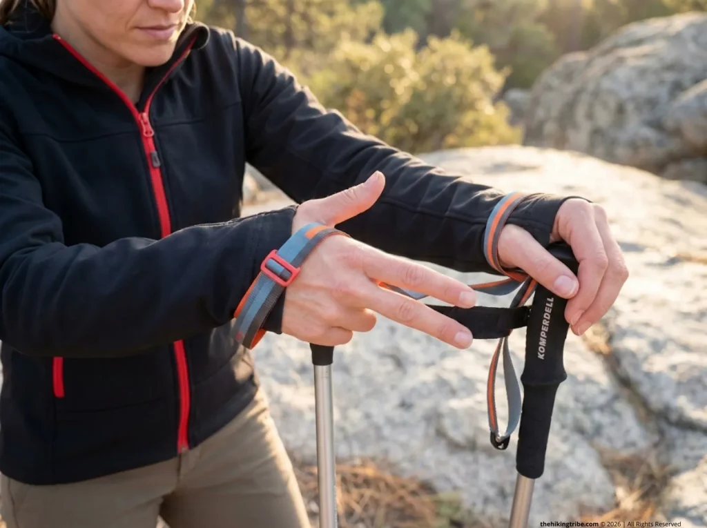 Hiker double-poling with Cascade Mountain Tech poles on steep alpine terrain uphill cadence