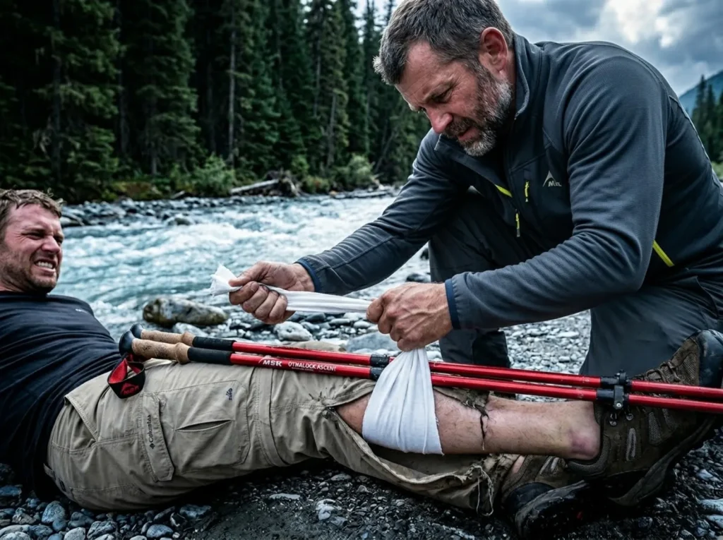 Rescuer tying a white cravat bandage securely around MSR trekking poles to splint an injured hiker's leg by a river.