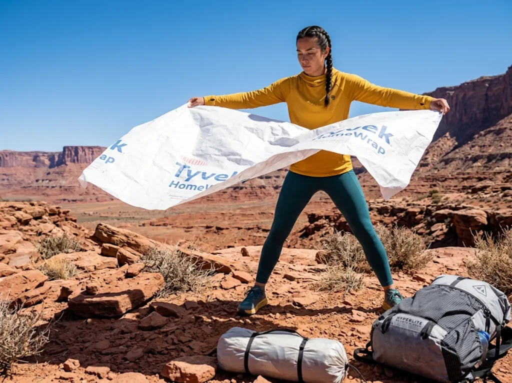 Thru-hiker preparing a white Tyvek groundsheet over abrasive desert rocks to protect her tent.