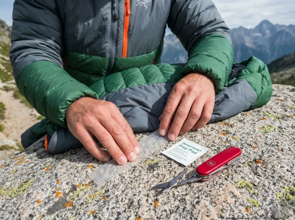 An ultralight down jacket repair kit featuring clear patch tape and alcohol wipes on a rock.