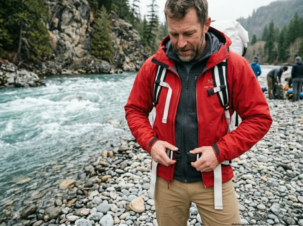 Backcountry guide unbuckling his backpack hip belt before a wilderness river crossing