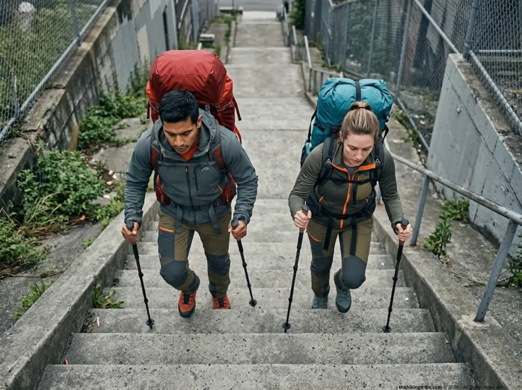 Two hikers with heavy Gregory backpacks climbing steep urban concrete stairs