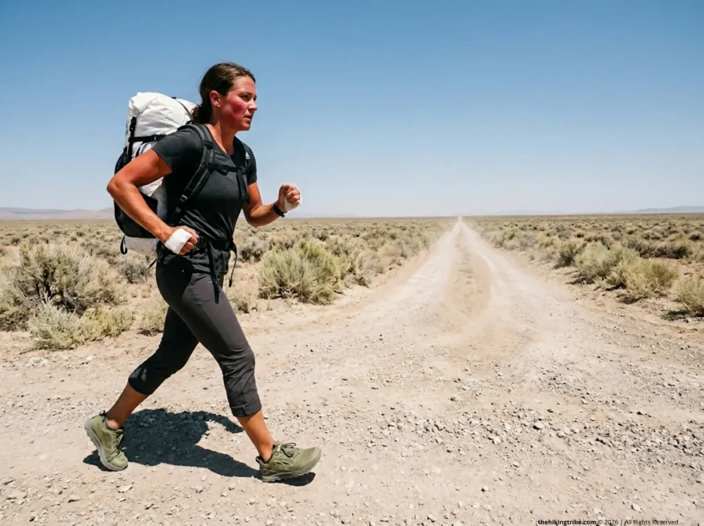 Sweating female hiker power walking during the arduous USDA pack test to gauge hiking fitness.