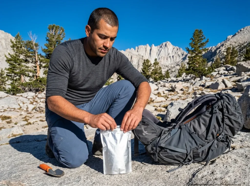 Male hiker sealing and packing a Restop 2 WAG bag properly at a high-altitude Mount Whitney campsite 