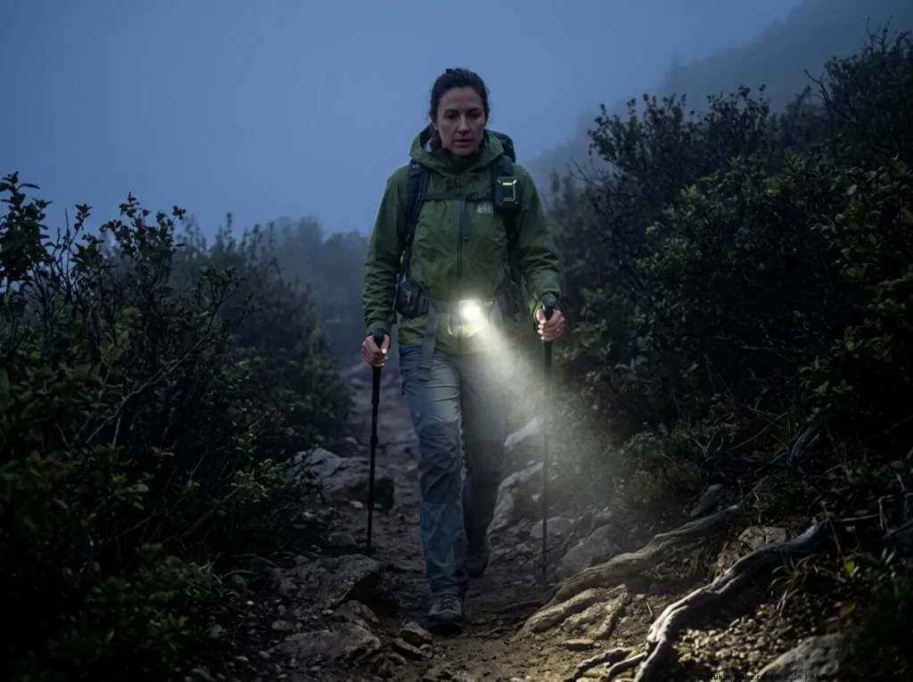 Waist mounted headlamp cutting through thick fog at night