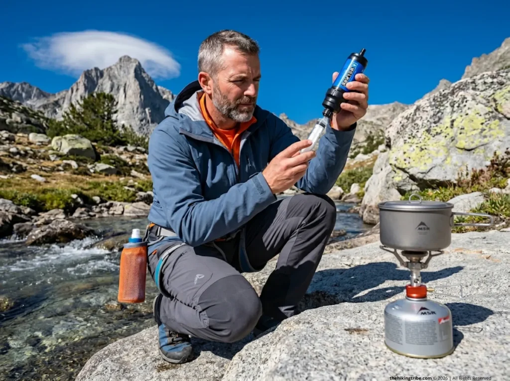 Hiker backflushing Sawyer Squeeze filter at alpine stream while MSR Pocket Rocket stove waits on nearby rock