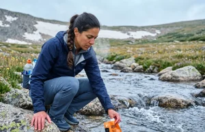 Hikers Get Sick From Clear Water Too — Here’s Why Hiker filling water filter at alpine stream — water source risk assessment for hikers