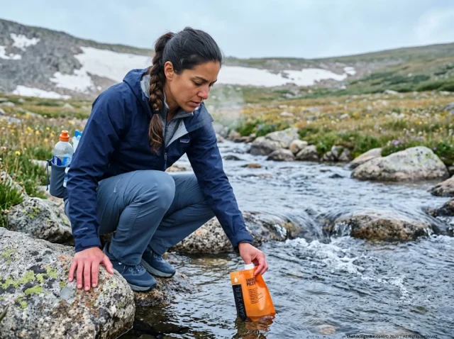 water-source-risk-assessment-hikers-hero Hiker filling water filter at alpine stream — water source risk assessment for hikers