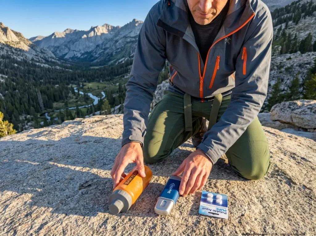 Backpacker comparing water treatment methods — Sawyer Squeeze, SteriPEN, and chlorine dioxide tablets