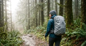 Why a Rain Cover Won’t Waterproof Your Backpack Hiker with a rain-covered backpack on a wet trail, showing why you still need to waterproof your backpack