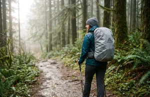 Why a Rain Cover Won’t Waterproof Your Backpack Hiker with a rain-covered backpack on a wet trail, showing why you still need to waterproof your backpack