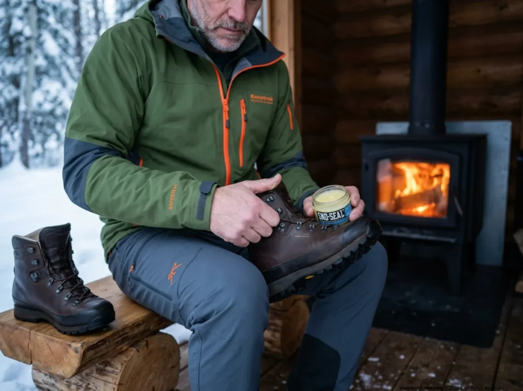Outdoorsman applying Sno-Seal wax to Kenetrek leather mountain boots near a wood stove