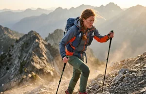 What Is Fastpacking? Gear & Pace Guide For Big Miles Female fastpacker power-hiking a steep rocky ridge wearing a lightweight vest pack and windbreaker at sunrise.