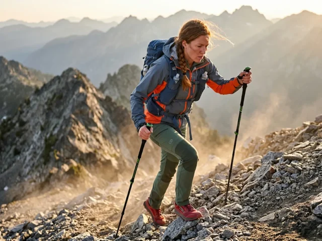 what-is-fastpacking-gear-and-pace-guide Female fastpacker power-hiking a steep rocky ridge wearing a lightweight vest pack and windbreaker at sunrise.