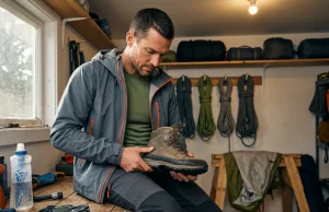 When to Replace Hiking Gear — Field-Tested Checklist Hiker performing midsole press test on worn Meindl hiking boot during seasonal gear audit