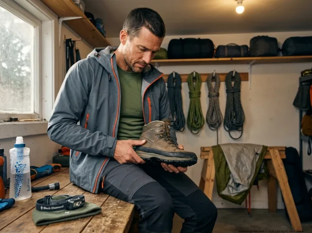 when-to-replace-hiking-gear-checklist-hero Hiker performing midsole press test on worn Meindl hiking boot during seasonal gear audit