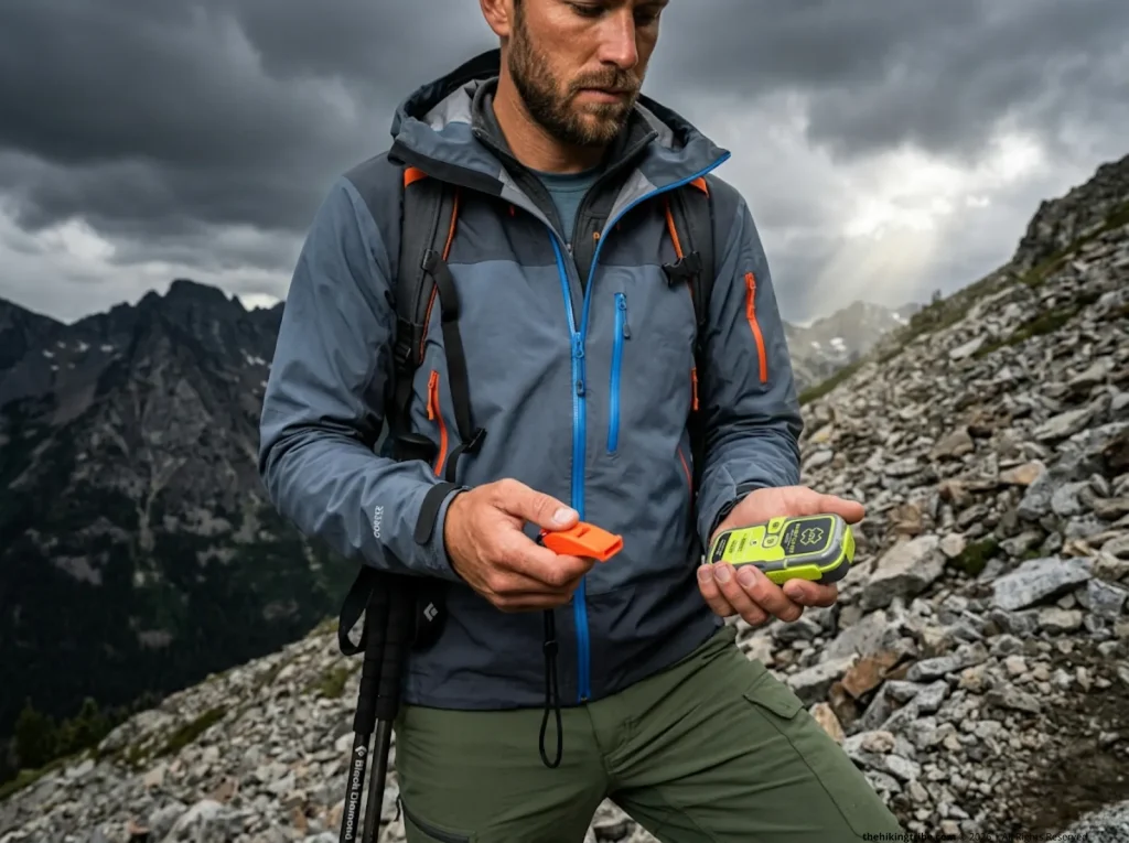 Backpacker weighing choices between an emergency whistle and a 406 MHz personal locator beacon