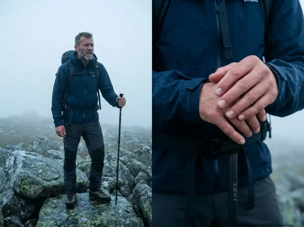 Lost hiker experiencing sensory deprivation in thick fog