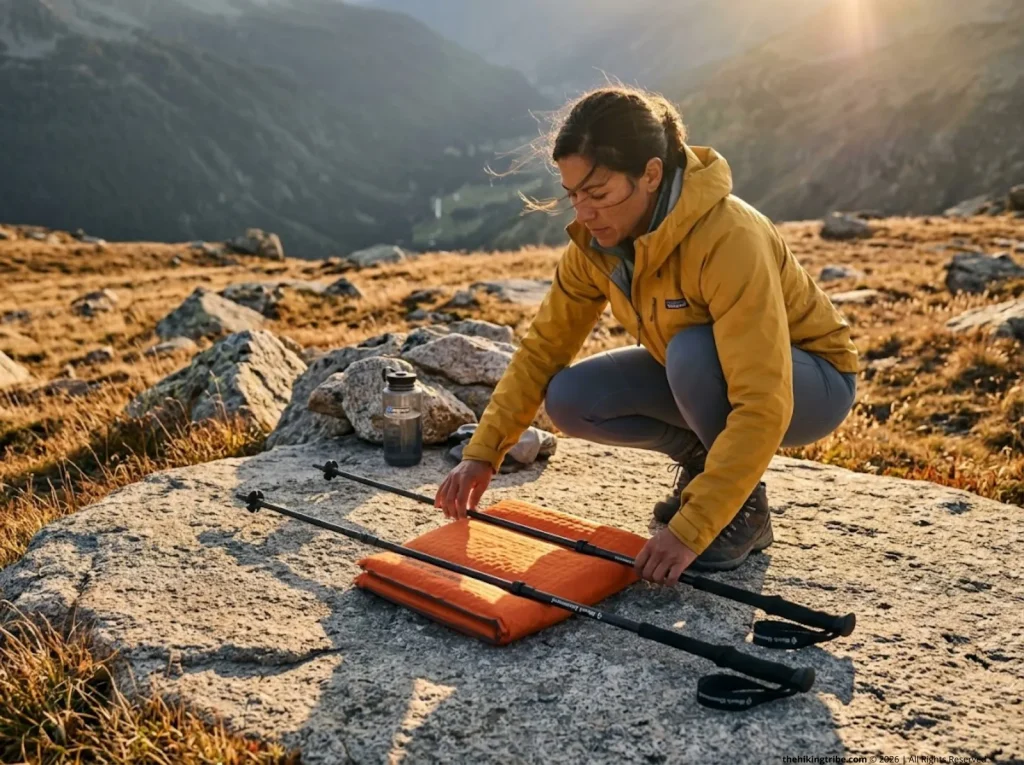 Female guide organizing Black Diamond poles and a Sea to Summit sleeping pad for a splint on a granite boulder.
