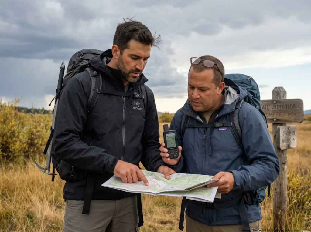 Two co-leaders consulting a topo map at a trail junction demonstrating the wingman leadership system