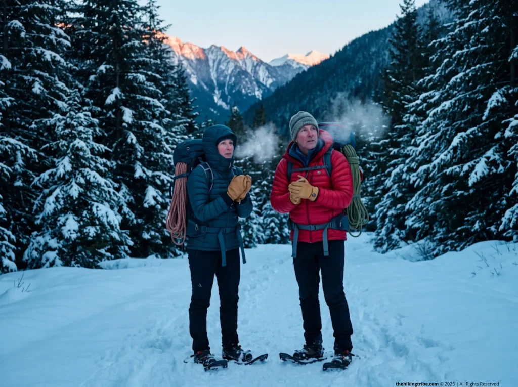Two hikers shivering in dark alpine valley assessing winter solar budget and hypothermia