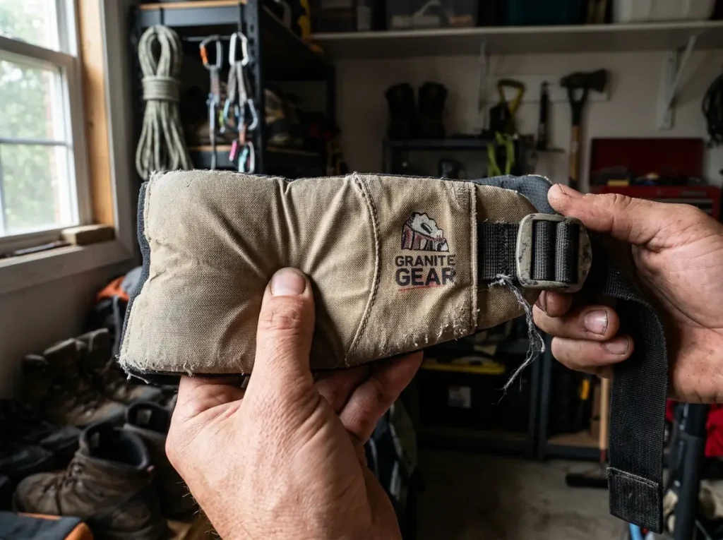 Close-up of a compressed, worn hip-belt foam on an aging backpack suspension