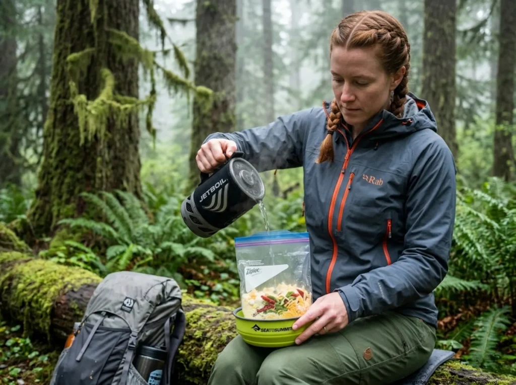 Hiker pours boiling water from Jetboil Stash into Ziploc bag for freezer bag cooking