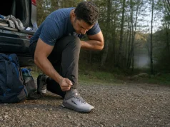 Best Hiking Shoes for Wide Feet When Roomy Isn’t Enough Hiker relacing an Altra Lone Peak 9 at a trailhead, the wide toe box visible on the shoe