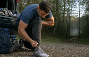 Best Hiking Shoes for Wide Feet When Roomy Isn’t Enough Hiker relacing an Altra Lone Peak 9 at a trailhead, the wide toe box visible on the shoe