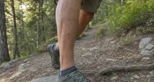 How to Switch to Minimalist Hiking Shoes on Trail Hiker in minimalist zero-drop trail shoes stepping onto a rocky trail