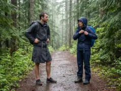 Rain Pants vs Rain Skirt Compared One Clear Rule Two hikers on a wet Pacific Northwest trail, one in a rain kilt and one in rain pants
