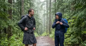 Rain Pants vs Rain Skirt Compared One Clear Rule Two hikers on a wet Pacific Northwest trail, one in a rain kilt and one in rain pants