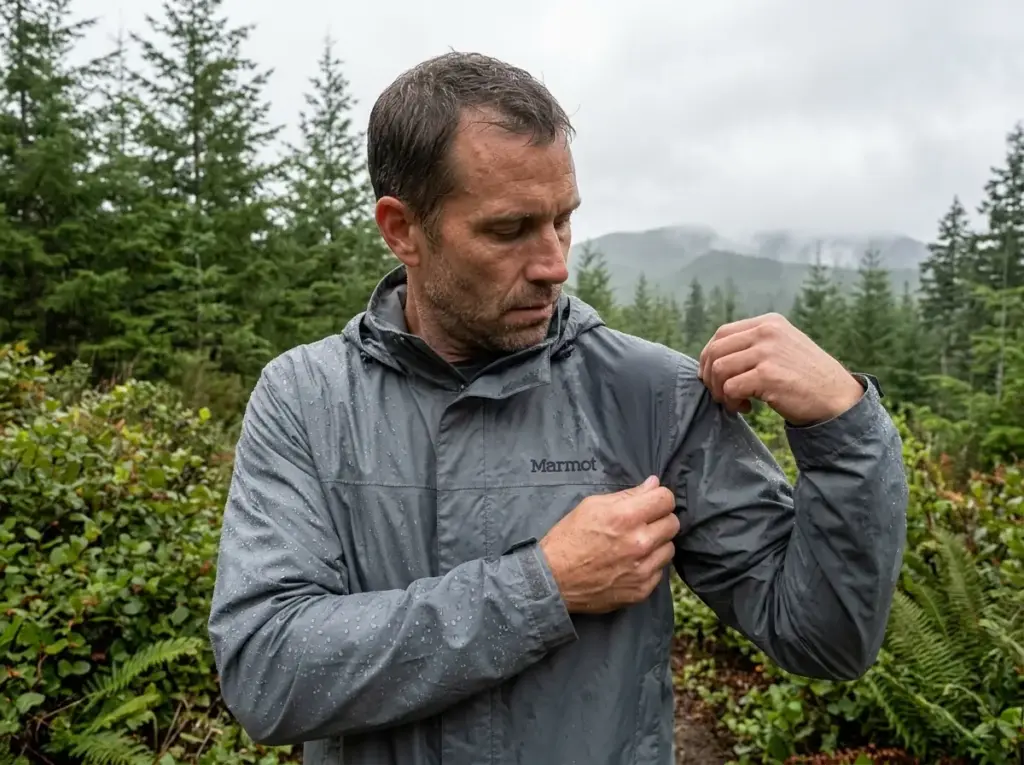 Hiker checking a wetted-out rain jacket shoulder on a grey Cascades morning