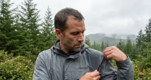 When to Replace a Rain Jacket, Not Just Reproof It Hiker checking a wetted-out rain jacket shoulder on a grey Cascades morning