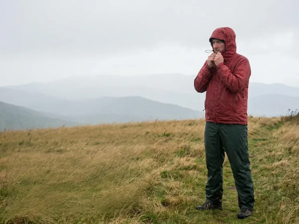 Hiker in rain pants on a windy Appalachian Trail ridge in North Carolina above the treeline