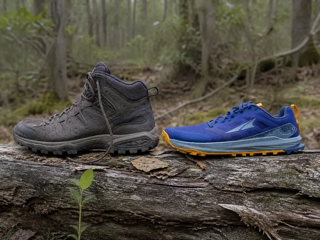 Traditional hiking boot and zero-drop minimalist shoe side by side on a log