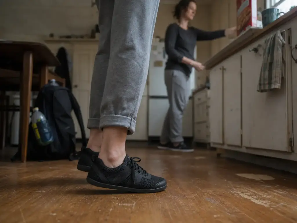 Woman wearing minimalist shoes doing everyday tasks at home during phase one