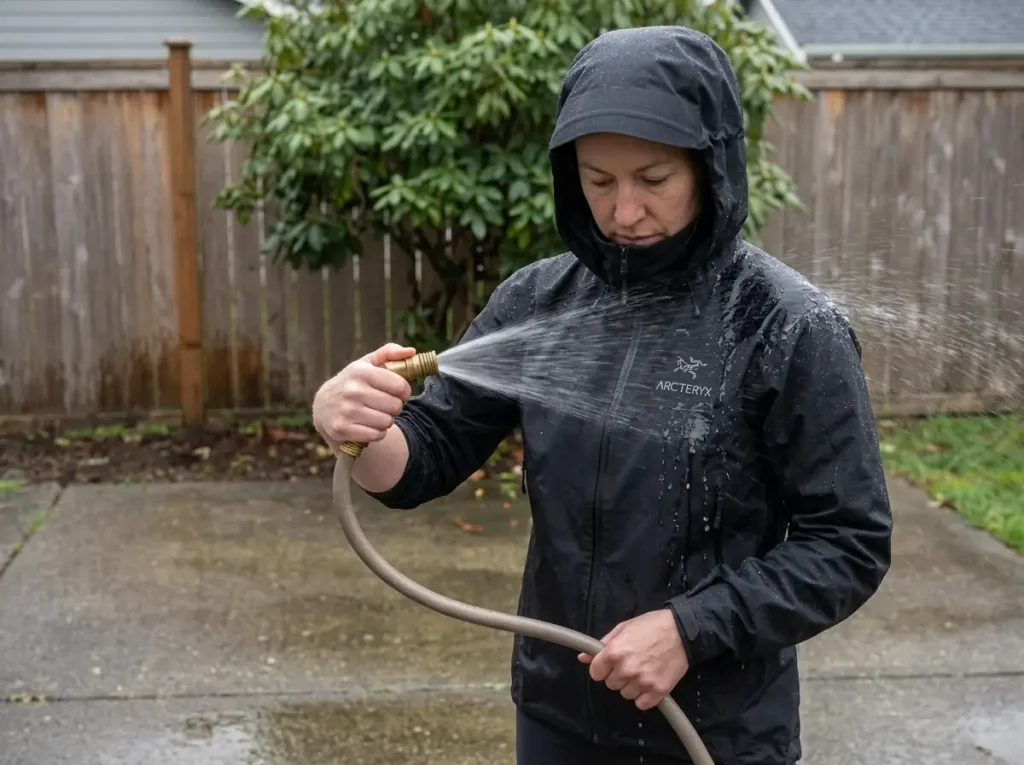 Hiker running a garden hose test on a rain jacket to check for wetting out