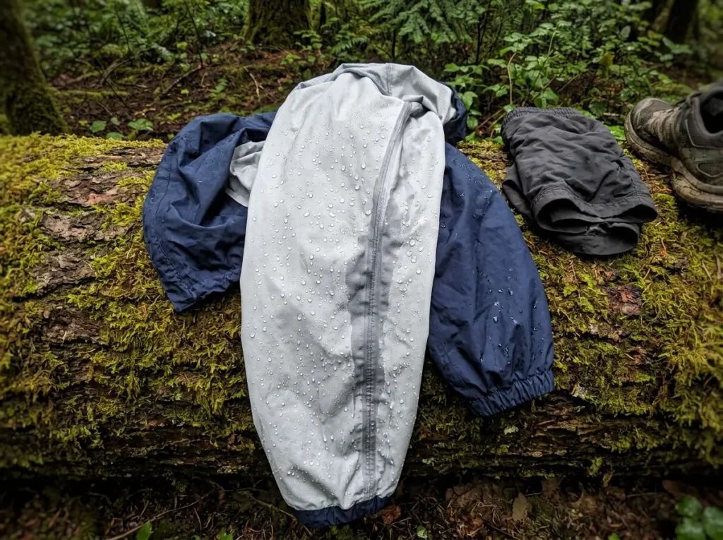Condensation beading on the inside of rain pants turned inside out on a wet log