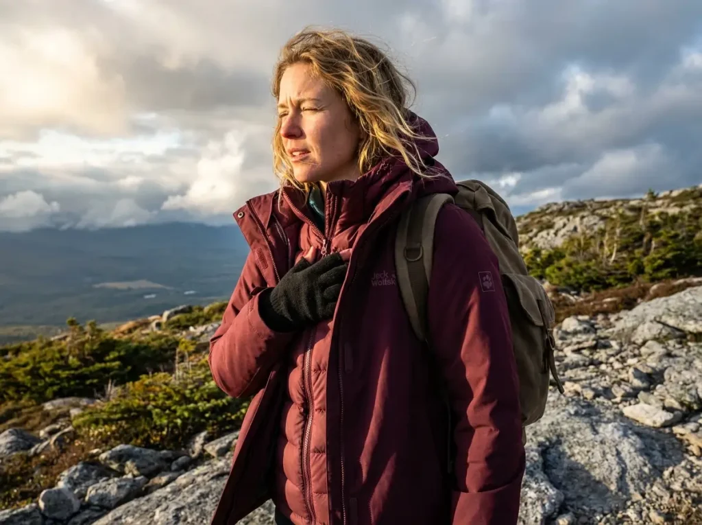Hiker on a windy ridge with 3-in-1 jacket visibly billowing from internal air gaps