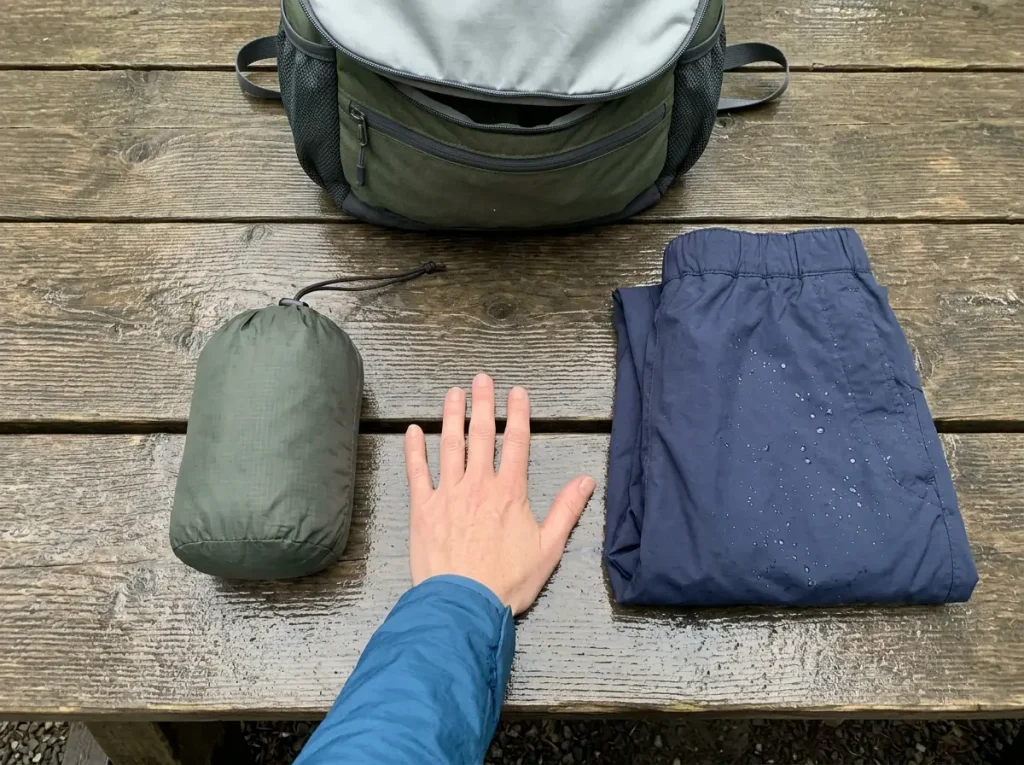 A packed rain kilt beside folded rain pants on a wet trailhead table, showing the size difference