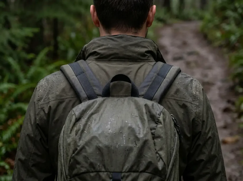 Backpack straps pressing on a hiker's rain jacket shoulders where delamination starts