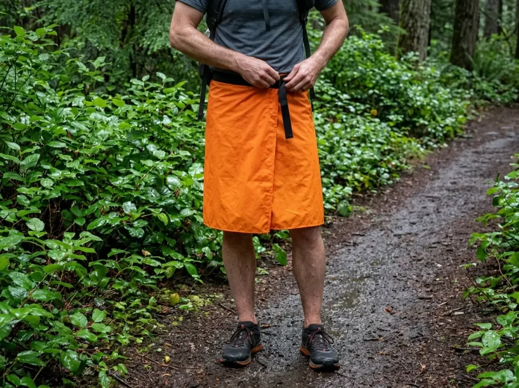 Hiker wrapping an orange rain kilt over shorts on the trail without stopping to remove shoes