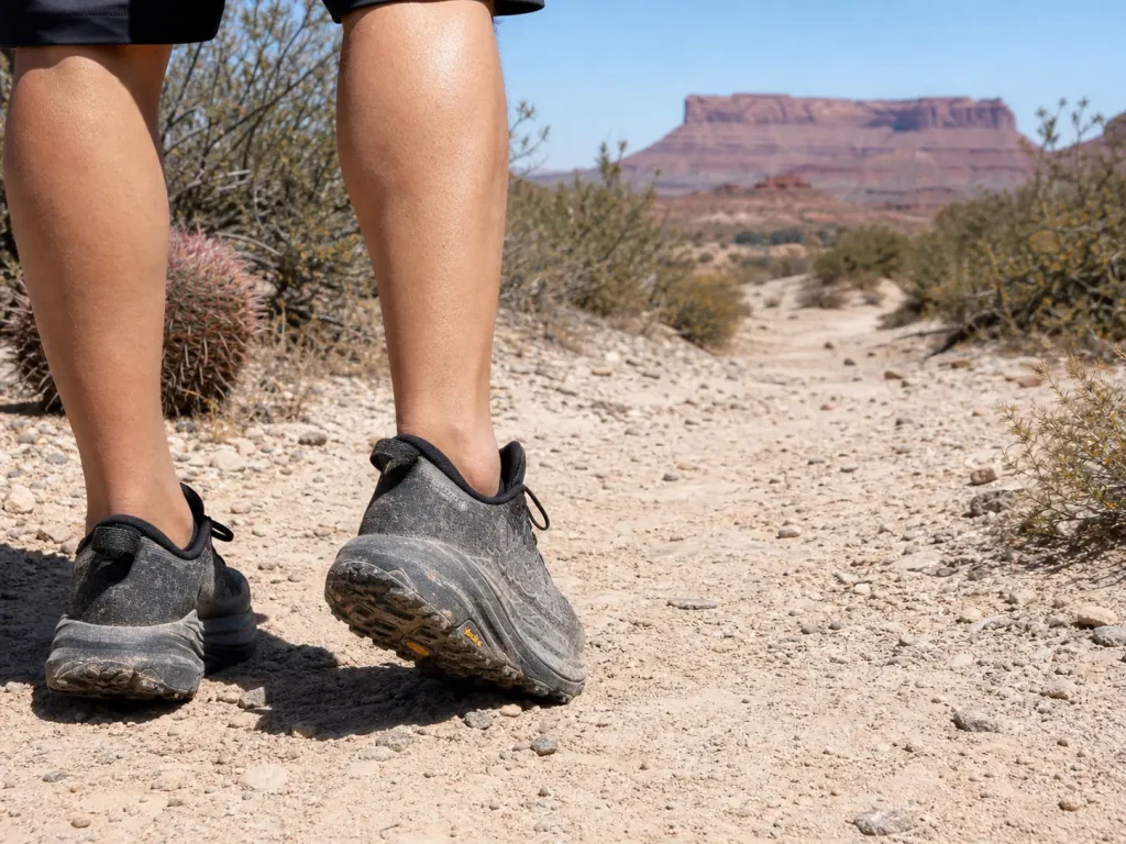 Breathable trail runners on a hot desert trail, matching hiking shoe choice to regional climate