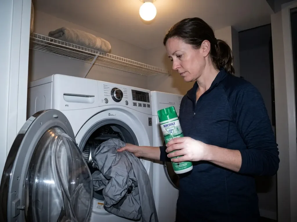 Nikwax Tech Wash bottle beside a rain jacket at the washing machine