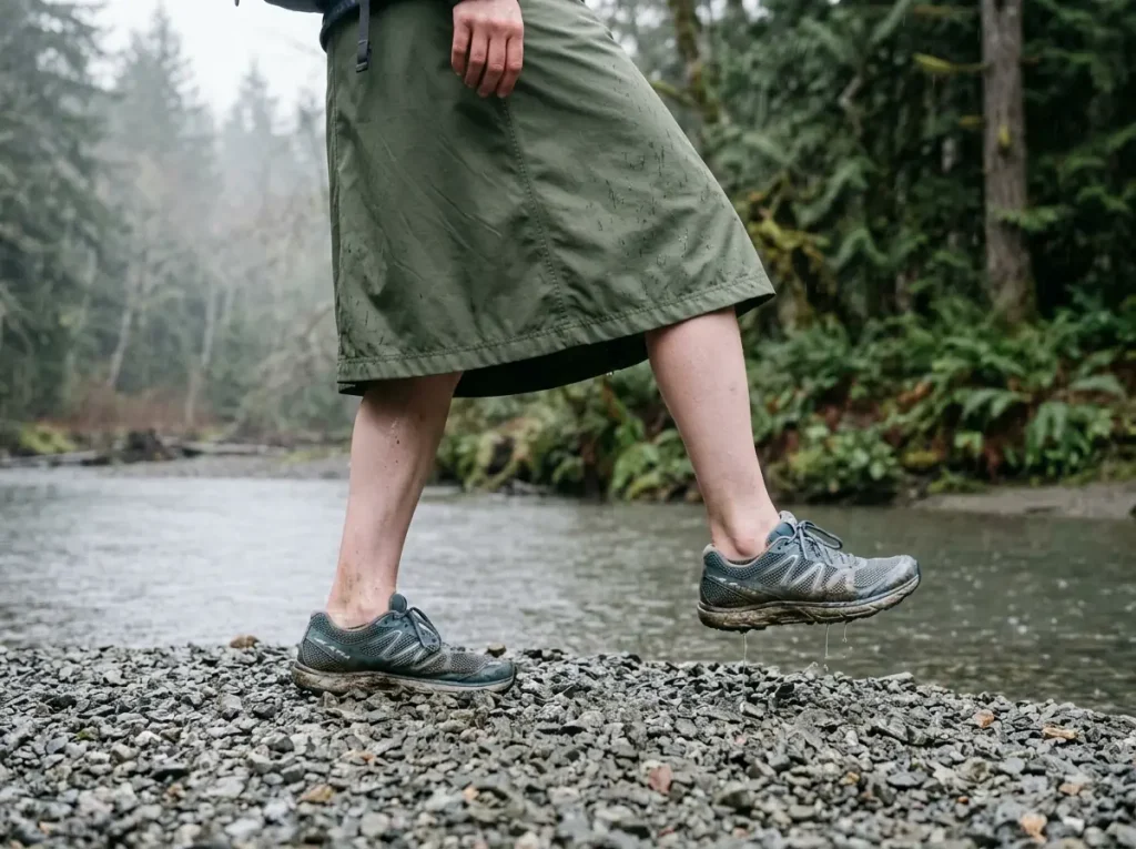 Wet trail runners and bare calves below a rain kilt hem, the pairing a rain skirt requires