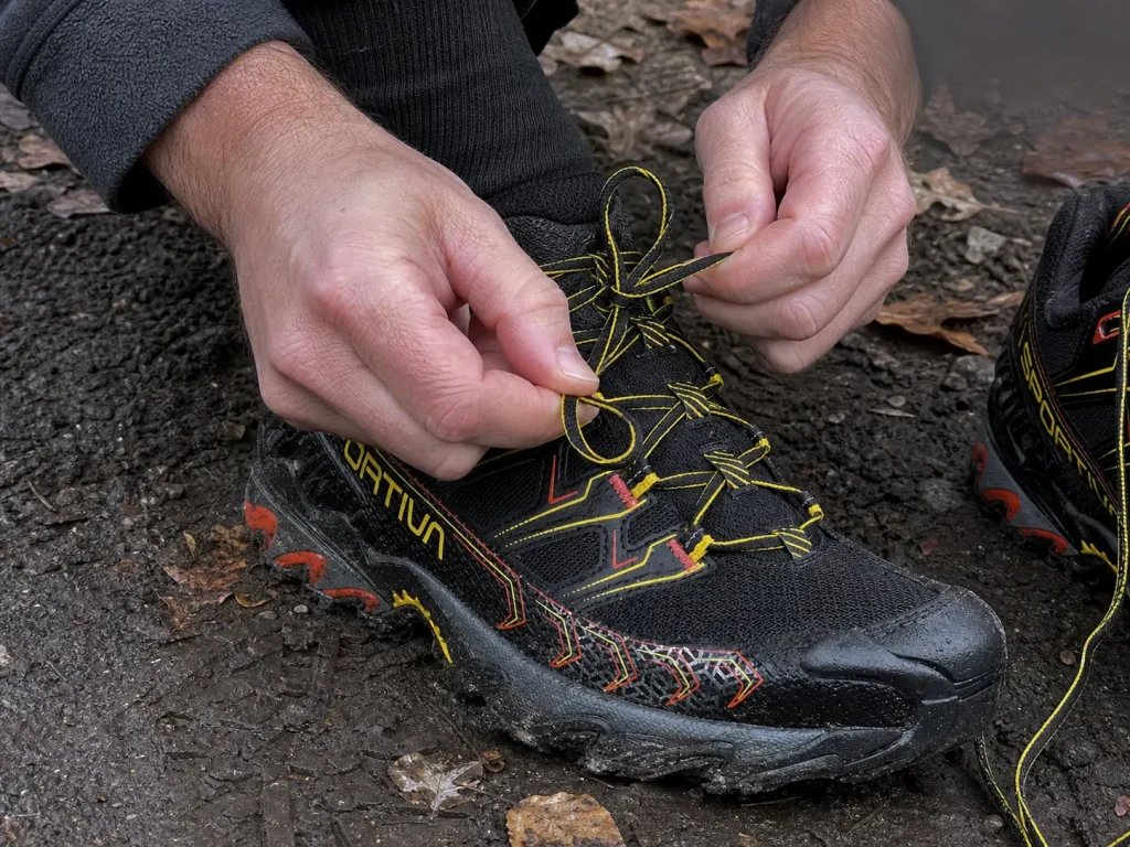 Close-up of heel-lock lacing tied on a wide-fit hiking shoe to stop heel slip