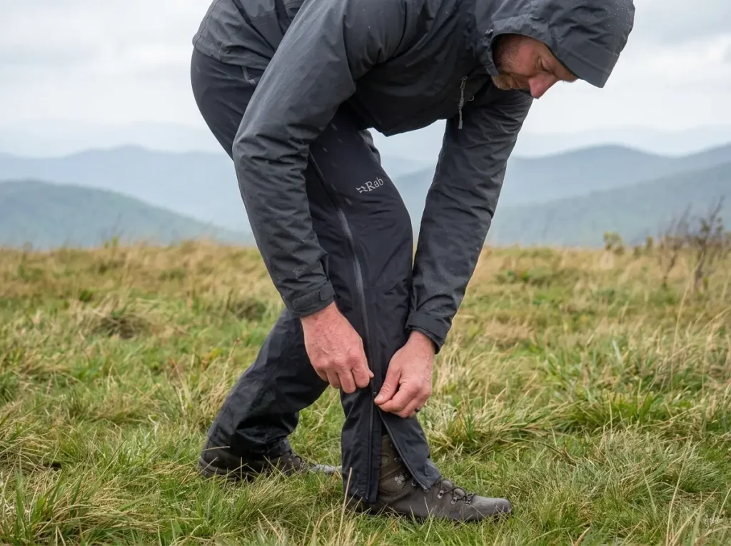 Hiker in Rab Downpour Plus rain pants using the full-length side zip on a windy ridge