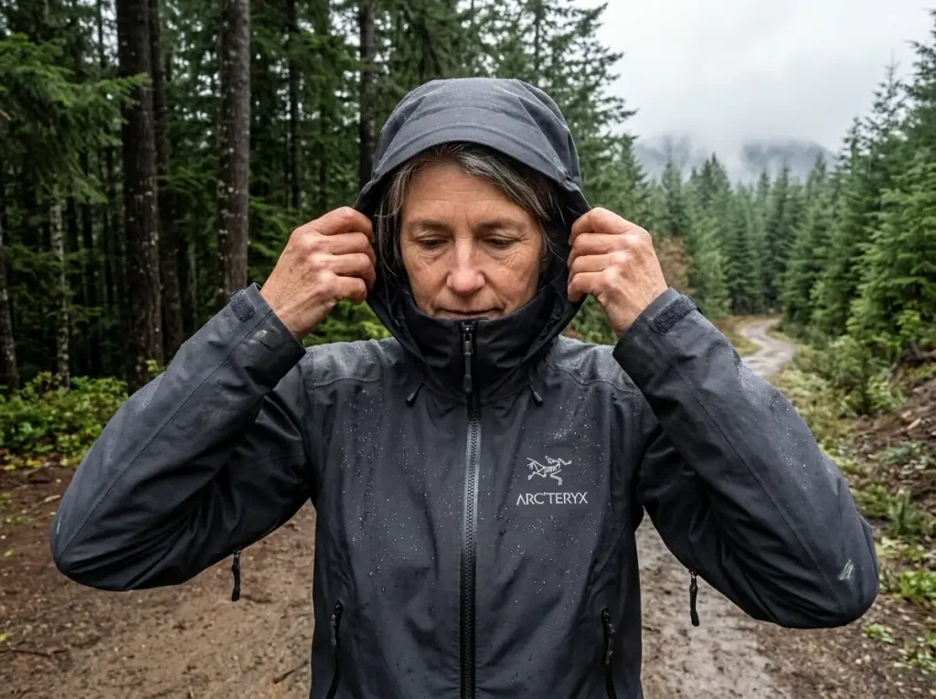 Hiker in a three-layer Gore-Tex rain jacket on a wet Cascades trail
